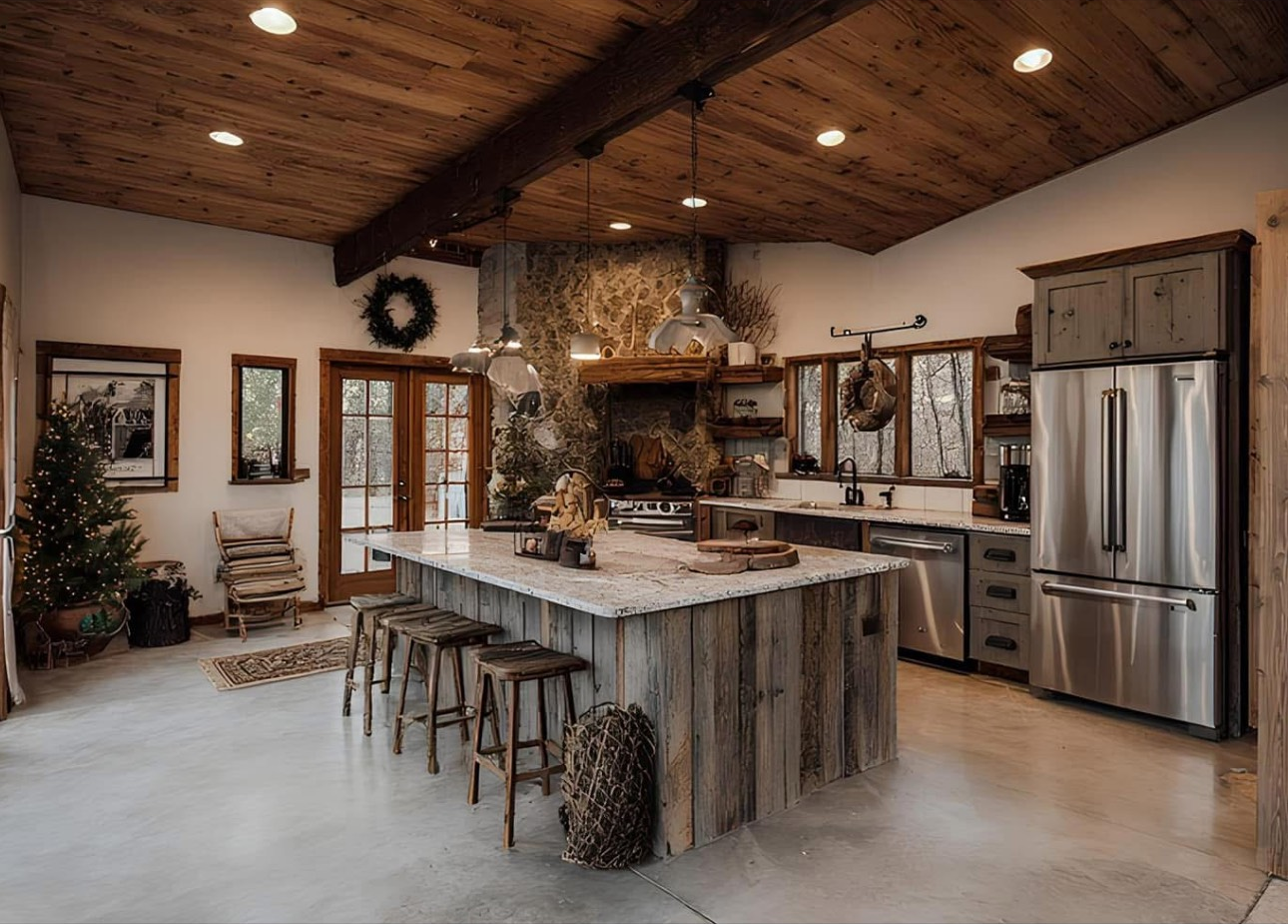 Rustic barndominium kitchen with wood plank ceiling, reclaimed wood island, and stone accents