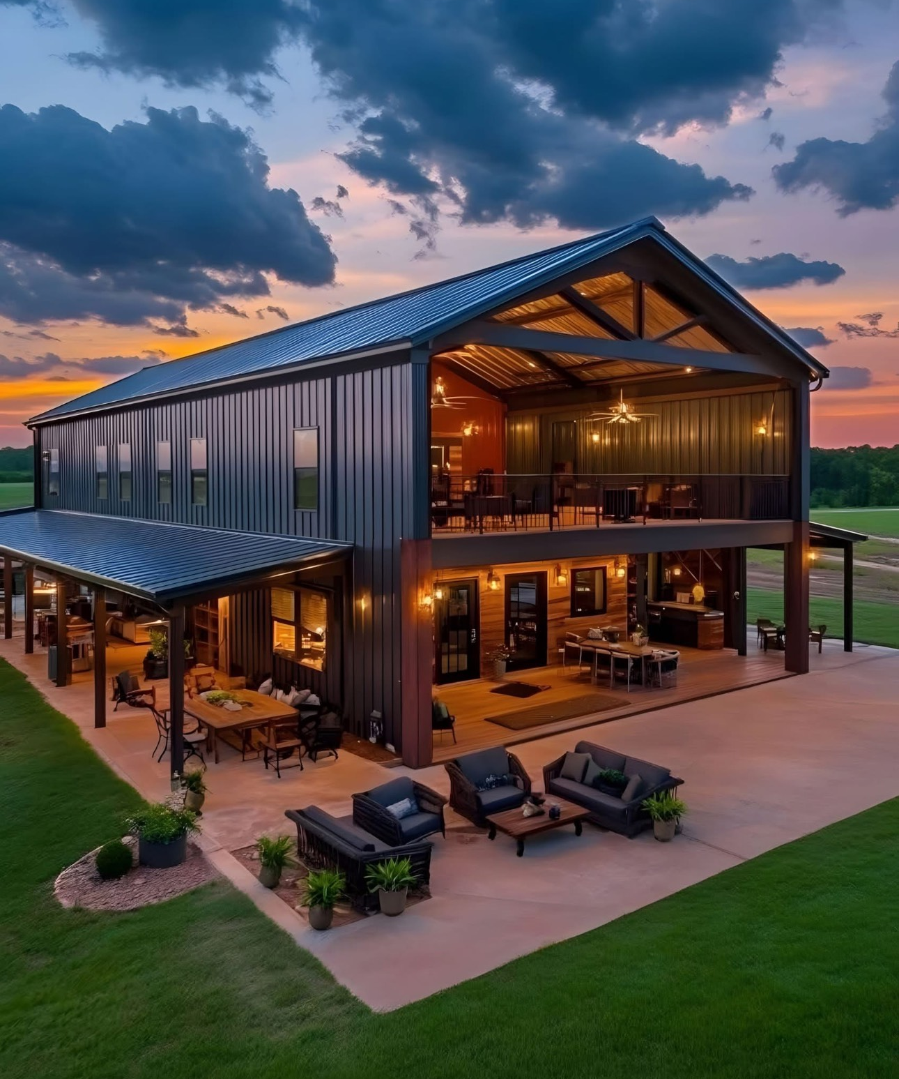 Two-story metal barndominium at sunset with a large covered outdoor living patio